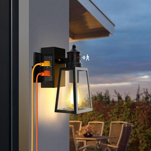 Motion Sensor Outdoor Wall Lights, Dusk to Dawn Outdoor Porch Light with GFCI Outlet, 3 Modes Exterior Lighting Fixtures Waterproof, Anti-Rust Outside Lights for House Garage Patio