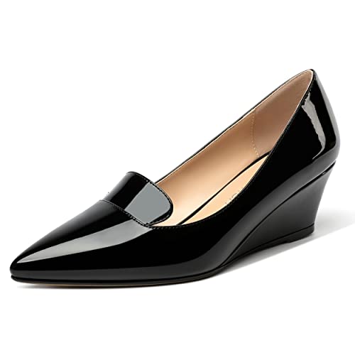 ROSERWISH Womens Patent Comfortable Casual Slip On Office Pointed Toe Wedge Low Heel Pumps Dress Shoes 2 Inch