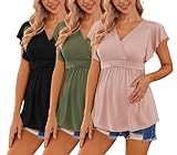 Ekouaer Maternity Shirts 3 Packs Flying Short Sleeve Nursing Tops Pregnancy Clothes Black+Pink+Army Green M