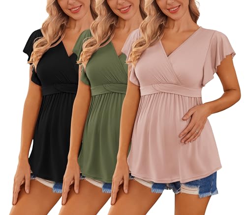 Ekouaer Maternity Shirts 3 Packs Flying Short Sleeve Nursing Tops Pregnancy Clothes Black+Pink+Army Green M