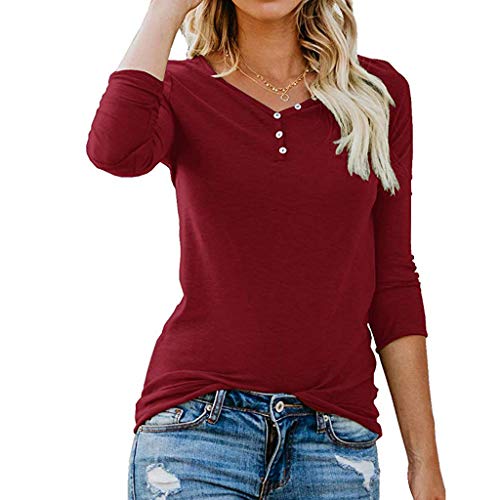 FONMA Fashion Women's Long Sleeve Tops Henley Button Up T Shirt Casual Basic Blouse Red