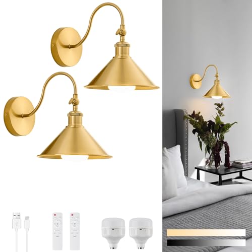 Image of Wireless Battery Operated Wall Sconce, Gold Industrial Wall Lights Decor Set of 2, Vintage Rechargeable Magnetic Cordless Wall Lamp Fixture with Remote for Farmhouse Bedroom Living Room