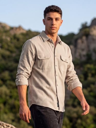 Image of Beyoung Solid Recycled Flannel Shirt for Men | Premium Cotton Flannel | Classic Pointed Collar