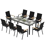 Devoko Set di Arredo da Giardino 8 Persone, Set di Tavolo 189 cm Design a Vena di Legno e 8 Sedie Impilabili da Esterno in Alluminio, Ideale per Cortile, Terrazza o Ai Margini della Piscina, Grigio