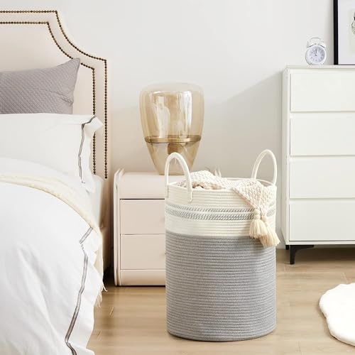 Image of Laundry Basket for Clothes | Cotton Rope Laundry Hamper with Handles | Foldable Woven Storage Basket for Bedroom & Living Room | Clothes, Toys & Blanket Organizer | 38 x 38 x 46 cm