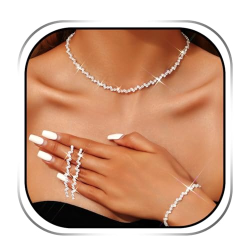 JEAIRTS Rhinestone Choker Necklace Jewelry Sets Bridal Diamond Tennis Chain Necklace Earrings and Bracelet Bling Prom Formal Jewelry Set for Women (1-Silver)