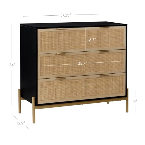 Image of Nathan James Andrew 3-Drawer Chest Rattan Dresser, Bohemian Deep Drawer Dresser for Bedroom with Natural Rattan Accent and Metal Legs, Matte Black, Set of 2