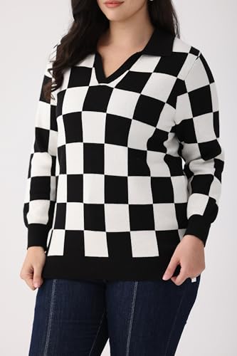 Image of CARCOS Plus Size Sweaters for Women Long Sleeve Pullover Sweaters Lapel Collared Vneck Knit Jumper Tops Fall Winter XL-5XL