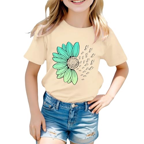 Girls Loose Fit Sunflower Graphic T Shirts Short Sleeve Crewneck Cute Pattern Printed Tops Kids (I-Beige, 12-13 Years)3