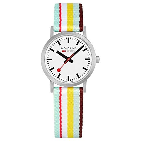 Mondaine - Classic A658.30323.16SBK Womens Watch 30mm - Official Swiss Railways Wrist Watch Mulitcolored Textile Strap 30m Waterproof Red Second Hand - Womans Watches - Made in Switzerland Cover