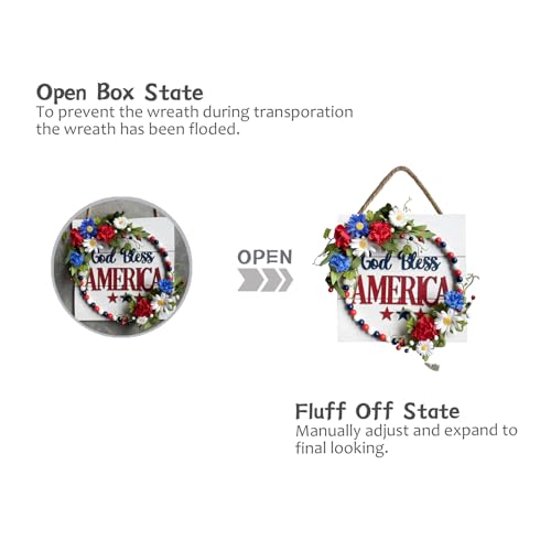 Idyllic God Bless America Sign Wreath For Front Door, 12 Inch Red White And Blue Artificial Flower Wooden Sign Wreath For Memorial Day Independence Day Decoration thumb #3