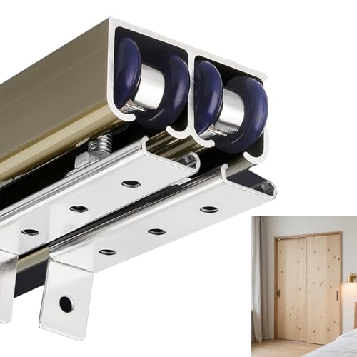 Binario per Porta Scorrevole Kit Ferramenta per Porta Scorrevole a Scomparsa Doppia Bypass, Binario per Porte Scorrevoli Interne in Legno, Guida Superiore per Porta Armadio in Alluminio(Champagne,20in