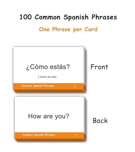 100 Essential Spanish Phrases Flash Cards for Adults - Learn Spanish Phrases for Beginners with Durable & Portable Flashcards