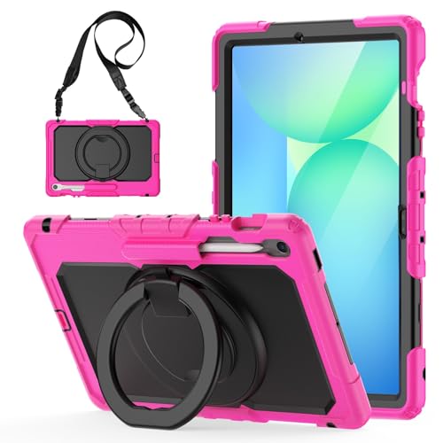 Coque Samsung Galaxy Tab S10 FE+ anti-chute avec support rotatif et film écran rose