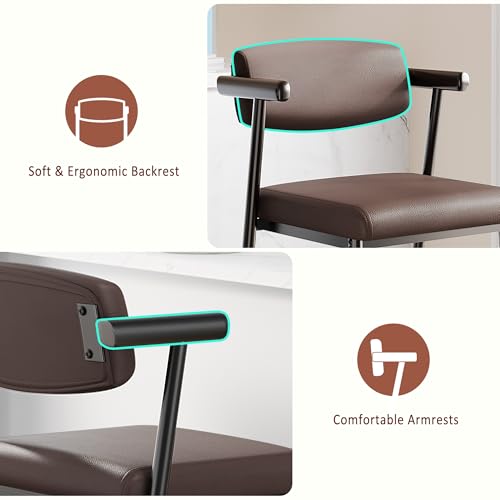 Image of GarveeHome Bar Stools Set of 6 with Arms, 26 inch Modern 6-Piece Counter Height Metal Barstools Set with Back & Footrest, Upholstered Wider Seat, Sturdy Frame, for Counter Bar, Kitchen Island, Retro Brown