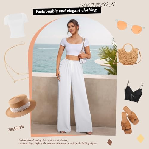 Neteson Leichte Hosen Damen Sommer Lang Leinenhose Damen Weite Leg Elegant Freizeithose Palazzo Hose Lockere Stoffhose mit Tunnelzug und Taschen