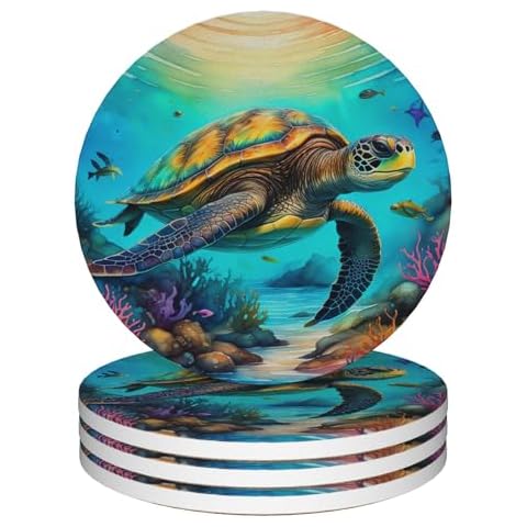 Coasters for Drinks,Sea Turtle with Corals Absorbent Coaster Set of 4 with Cork Base,Ceramic Drink Coasters for Cold Drinks Wine Glasses Cups Mugs,Housewarming Gifts for Home Decor Cover