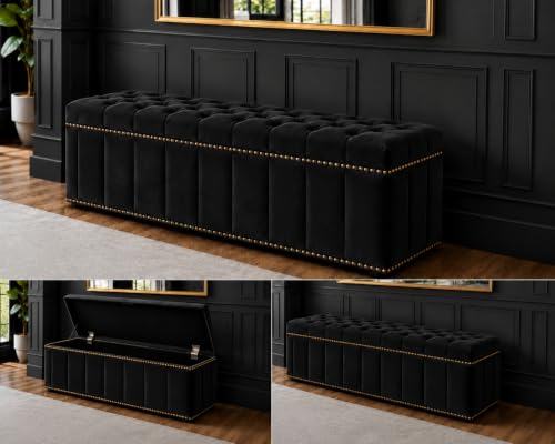 Image of Tufted Velvet Storage Ottoman Bench with Nailhead Trim (Black) | Storage Ottoman bench