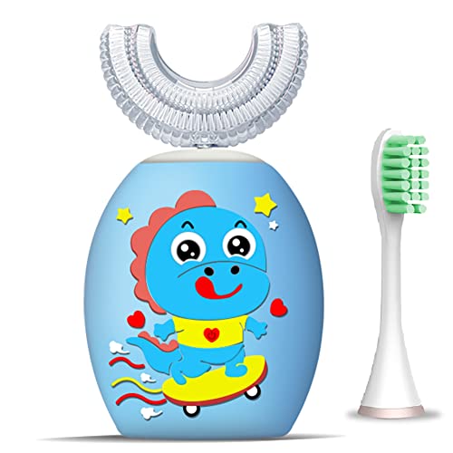 Semloo Kids Electric Ultrasonic Toothbrush with 2 Brushing Heads 6 Modes IPX7 Waterproof Automatic Toothbrush U Toothbrush for 2-7 Years Old Baby Toddler 360° Oral Cleaning