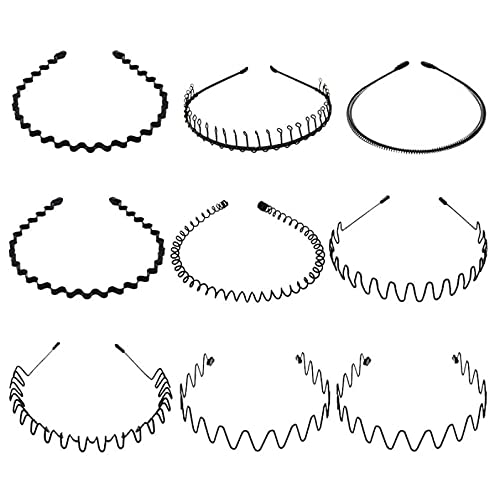 9Pcs Metall Welle Haarband Haarreifen,Unisex Metall Haarband Schwarz Frühling Haarreifen Welle Metall Stirnband Haarbänder,für Yoga Partys Konzerte(Schwarz) Cover