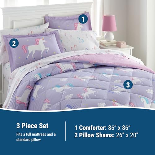 Image of Wildkin Kids Cotton Full Comforter Set - Lightweight, Fits Full Mattress, Two Pillow Shams Included - Unicorn