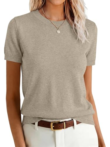 ANRABESS Womens Short Sleeve Sweaters Wool Blend Crew Neck Sweater Shirts Business Casual Work Tops 2026 Summer Outfits Almond S