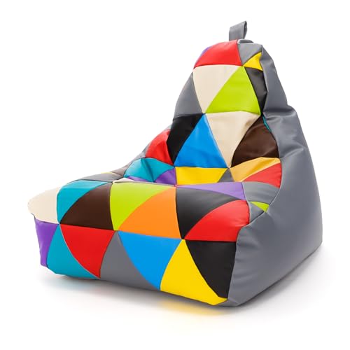 Ecopuf - Sessel Wohnzimmer - Patchwork Sacksessel Kunstleder Keiko Größe S/M - Entspannungssessel zum Sitzen - Sack Pouf mit Griff - Wohnungseinrichtung - Grau E15