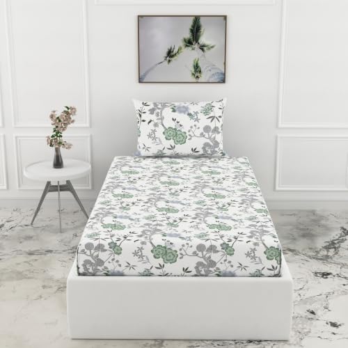 Image of LORETO - A QUALITY LINEN BRAND 144 TC 100% Pure Cotton Single Fitted Bedsheet with 1 Pillow Cover for 72 x 36 Inch Mattress, All-Around Elastic, 8 Inch Deep Pocket, Sage Green & Silver Blooms