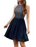 Dressystar Women's Halter Short Sparkly Sequin Chiffon Homecoming Cocktail Prom Dress Navy XS