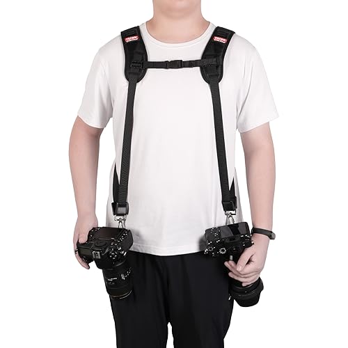 TECDW Dual Camera Harness With Safety Tether, Double Camera Strap Accessories for Two Cameras, Quick Release Adjustable Dual Camera Strap Holder, Camera Strap for Photographers for DSLR/SLR Camera