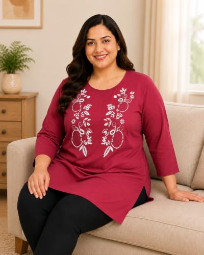 Image of RYSH Women's Plus Size Printed Nightshirt | Round Neck | 3 /4 Sleeve | Relaxed Fit Long Nightwear Top |