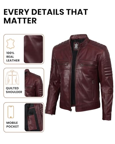 Image of Decrum Cafe Racer Leather Jacket for Men - Real Lambskin Motorcycle Style Mens Jacket with Zipper Closure