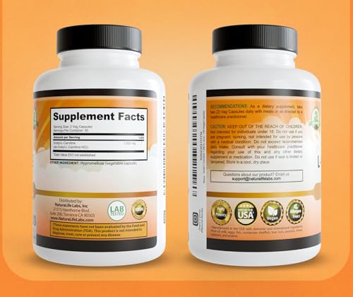 Image of NaturaLife Labs Acetyl L-Carnitine (ALCAR) 1500 mg per Serving - 100 Capsules - Non-GMO, Gluten-Free, Vegan