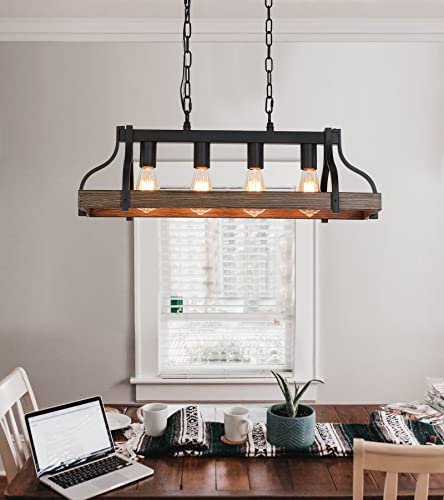 Meixisue MX-P2143-4A Rustic Kitchen Island Dining Room Light Fixture Farmhouse Linear Chandelier Black And Retro Wood Finish 4-Light Industrial Metal Hanging Pendant Light Ul Listed L28.3 W10.6 thumb #6