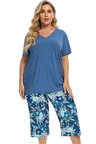 Image of Vozanet Women's V Neck Sexy Pajamas Capri Sets Mexican Style Floral Sleepwear 2PCS Totem Casual Nighty Plus Size M to 5XL