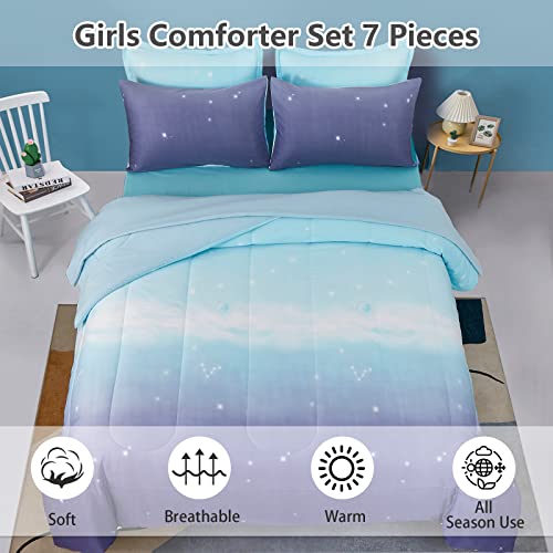 Image of Dinjoy Girls Comforter Set Queen Size 7 Pieces Bed in A Bag Ombre Blue Purple Rainbow Bedding Set Collections for Teen Women (1 Comforter, 1 Flat Sheet, 1 Fitted Sheet, 2 Pillow Shams, 2 Pillowcases)