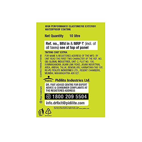 Image of Dr. Fixit RAINCOAT CLASSIC WHITE, External wall waterproofing, Coating, 1000+ unique shades, No dilution, 10 Litre, Single Coat Application, Elastomeric, 7 years waterproofing, Brush, Roller, Spray