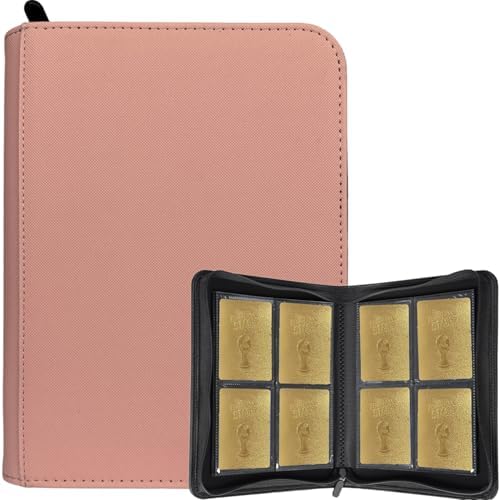 Collectible Trading Card Binder Album, 4 Pockets,Hold 160 Cards, PU Cover with Zipper,Collection Holder for Sports Celebrity, Anime, Game, Entertainment Star (Pink)