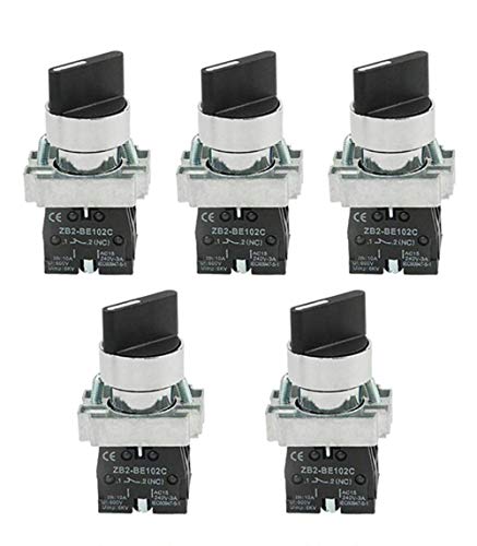 TOVOT 5PCS Rotary Selector Switch 2 Positions Select Knob 1NO+1NC Self-Lock Latching AC 600V 10A 22mm Panel Mount XB2-BD25