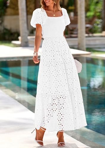 Image of PRETTYGARDEN Summer Dresses for Women 2026 Eyelet Square Neck Puff Sleeve Smocked Wedding Guest Maxi Dress with Pockets