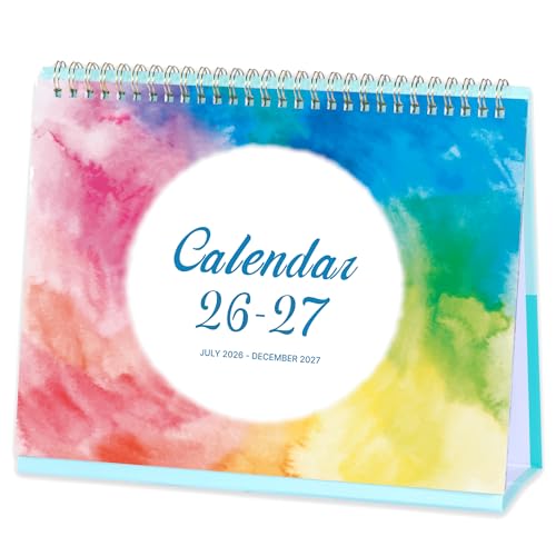Image of Calendar 2026-2027 - Desk Calendar 2026-2027 uk, 18 Months Calendar from July 2026 to December 2027, 10" x 8.3", Memo Pages - Rainbow Watercolor Ink