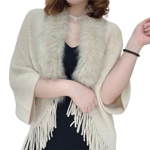 Tseonmis Strick-Umhang mit Fransen und Pelzkragen, gestrickter, lockerer, verdickter Schal für Damen, Winter-Strickschal mit Fransen und Pelzkragen, Tücher und Wickel für Abendkleider (Beige)