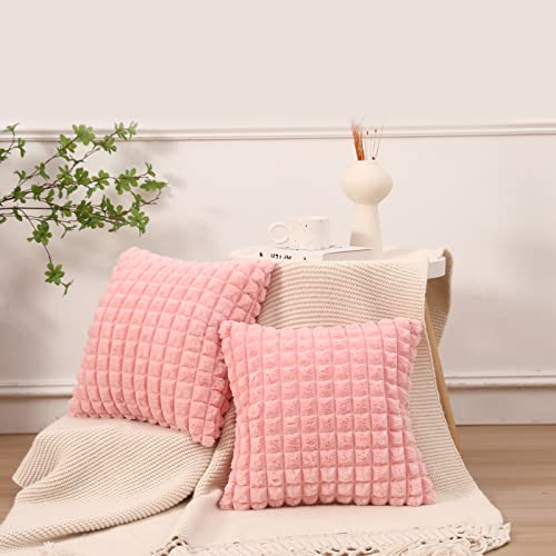 Mandioo Set Of 2 Super Soft Plush Faux Fur Throw Pillow Covers 18X18 Inch,Plaid Texture Modern Luxury Decorative Pillow Case Cushion Cover For Home Decor Sofa Couch Bed Livingroom Farmhouse,Pink #TOP1