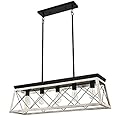 Luupyia Farmhouse Rectangular Chandelier Rustic, 5-Lights Kitchen Island Lighting, Linear Island Light Fixture Farmhouse Pendant Lighting Fixtures for Dining Room Pool Table Beige