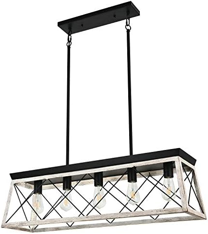 Luupyia Farmhouse Rectangular Chandelier Rustic, 5-Lights Kitchen Island Lighting, Linear Island Light Fixture Farmhouse Pendant Lighting Fixtures for Dining Room Pool Table Beige