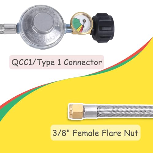 JEASOM 6 FT Propane Hose Regulator with Gauge, Stainless Braided QCC1 Connection for Most LP Gas Grill, Heater and Fire Pit Table, 3/8" Female Flare Nut by JEASOM - Used condition - Image 2