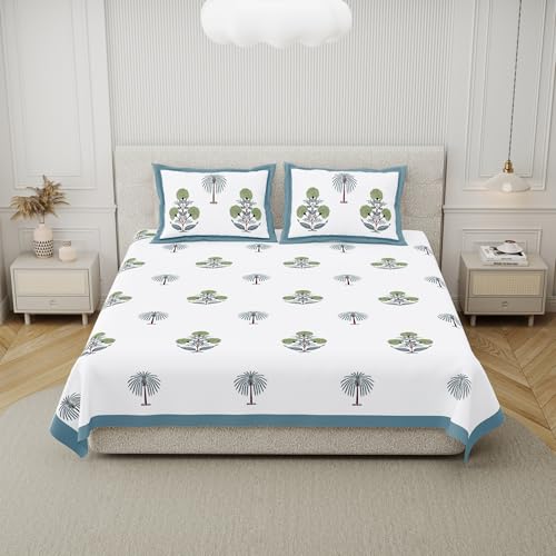 Image of DE CAMA Since 1997 | 100% Cotton 300 TC Premium King Size Bedsheet for Double Bed (90 x 108 Inch) with 2 Pillow Covers Set (17 x 27 Inch) Designer Printed Bedsheet Set - Palm Tree Blue