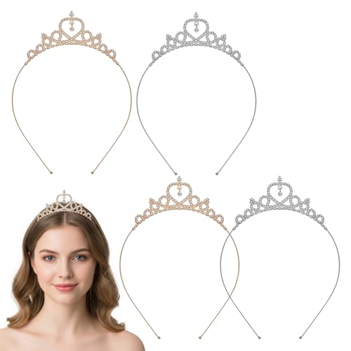 LXUEJIE 4 Pack Crowns Headbands, Cute Princess Tiara, Glittering Rhinestone Crown Heart Adjustable Crystal Tiara Birthday Headpiece for Wedding Prom Party Costume Christmas Gifts(Gold Silver)