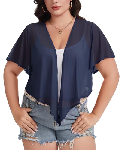 Image of Women Crop Cardigan Sheer Mesh Bolero Shrugs for Dresses Plus Size Tie Front Cardigans Ruffled Short Sleeve Tops