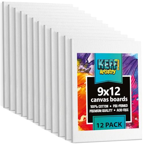 KEFF 12-Pack Bulk Canvas Boards 9x12 Canvas for Acrylic Oil Watercolor Tempera - 100% Cotton Primed Painting Canvas